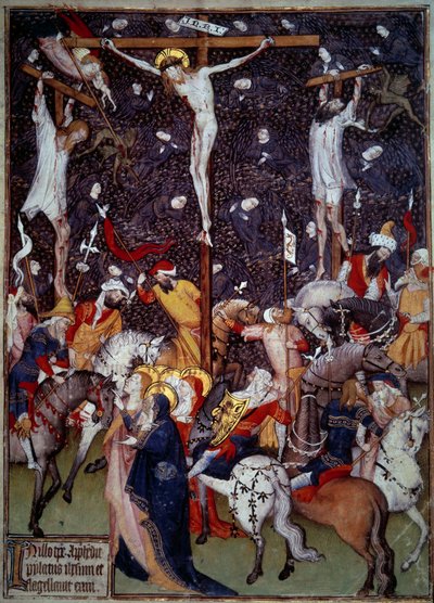 Crucifixion. Black angels fly around the bodies of the convicts. Romans on horseback turn around the cross to contemplate the scene by Unknown artist