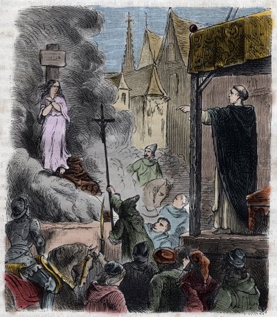 Crusade against the Albigeois - Heretics burned alive: Cathars on the stake, at the time of the crusade against the Albigenses in France 13th century (engraving from 1879 in 