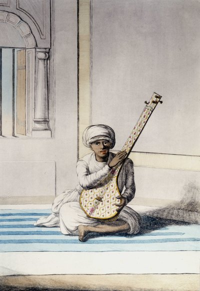 Culture, civilization and Indian society: Musician playing Thambourah, traditional instrument of India. Engraving 1808 by Unknown artist