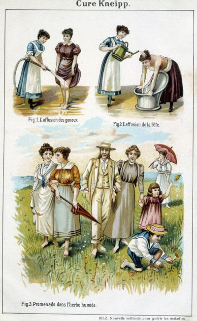 Cure Kneipp: affusion of the knees, affusion of the head, walk in the wet grass - in 