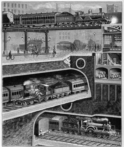 Cut a street from London to England in 1898. Engraving from 1898. in 