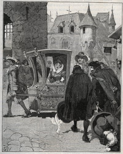 Cutlery: boatmen surround the chair of Marie de Rabutin-Chantal, Marquise de Sevigne to sell knives to her when she arrived at Nogent in 1675. Engraving from 1885 in 