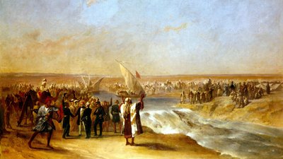 Cutting through the final section of basin in the Suez plain by His Excellency Ali Pascha on 15th August 1869 by Unknown