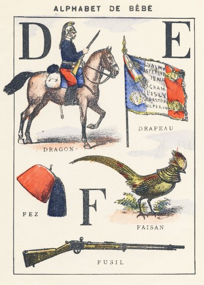 D E F: Dragon, Flag, Pheasant, Fez, Rifle by Unknown artist