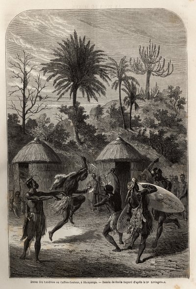 Dance of the Landines or Zulu Caffres in Shoupanga, Engraving to Illustrate Dr. Livingstone