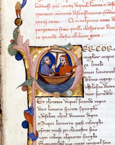 Dante Alighieri: Divine Comedy incipit of Purgatory. Dante and Virgil. 14th century manuscript. Milano Biblioteca Trivulziana by Unknown artist