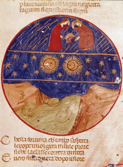 Dante and Beatrice look from heaven, Earth and stars. Illuminated page illustrating a song of Paradise from the 