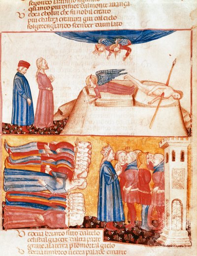 Dante and Virgil meet the souls of violently dead people. Illuminated page illustrating a song of the Antipurgatory from the 