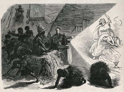 David Livingstone (1813-1873) Scottish missionary and explorer with the magic lantern in the Balonda. by Unknown artist