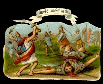 David and Goliath: David kills Goliath with his sword. 19th century chromolithography by Unknown artist