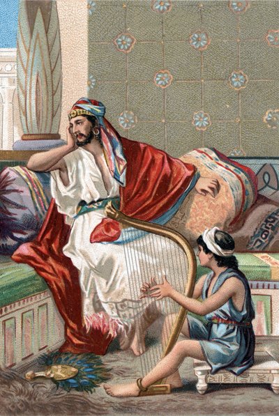 David playing the cithar in front of King Saul to appease him. by Unknown artist