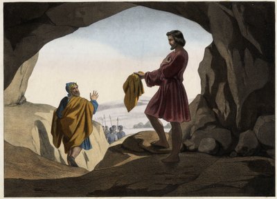 David showed Saul the piece of his mantle: David refused to kill King Saul, who was delivered by God into the cave, and cut only a piece of his mantle. Anonymous engraving from the middle of the 19th century by Unknown artist