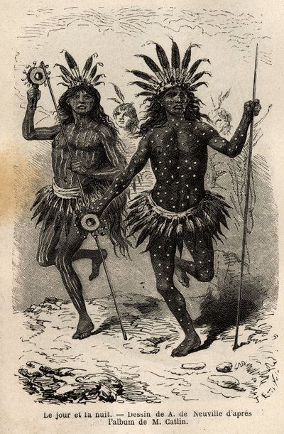 Day and Night, Paintings on the Body of the Dancers of the Religious Ceremony and Atonement, Executed by the Chiefs and His Companions, Among the Mandans Indians. Engraving to Illustrate an Excursion by Unknown artist