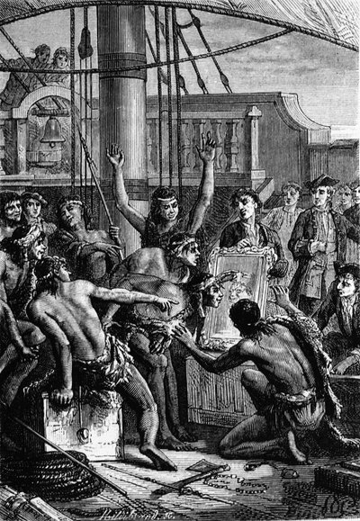 Discovery of the Indies: voyage of Wallis in the Pacific; Indians discovering a mirror - in 