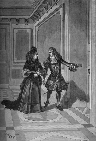 Death of Marie Therese, Queen of France, 30 July 1683: M. de la Rochefoucauld asking Madame de Maintenon to surrender to King Louis XIV. Engraving by Unknown artist