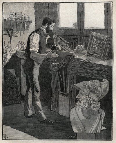 Decoration of silverware: bronze chiseller. Engraving from 1885 in 