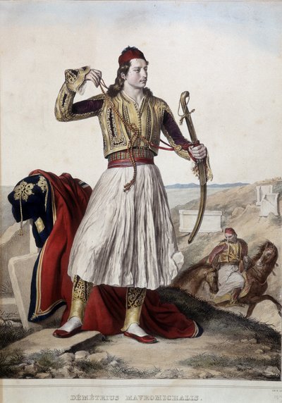 Demetrius Mavromichalis in traditional rider costume - lithography by Unknown artist