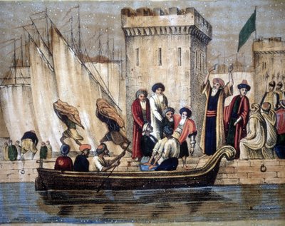 Departure of the Moors of Algiers, following the colonization by the French, an elderly or sick man is loaded onto a boat. 19th century by Unknown artist