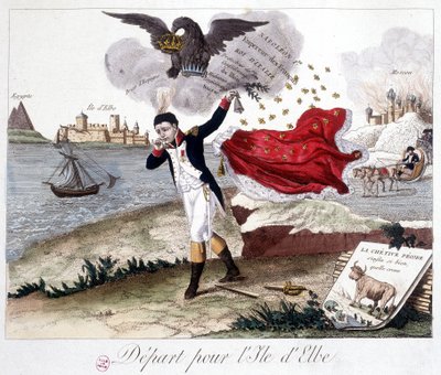 Departure for the Island of Elba: Napoleon Holding a Bell, an Imperial Eagle Above Reminding Him of His Titles, Moscow in Flames in the Background, and in the Foreground: Fable de Lafontaine: 