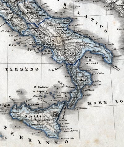 Detail of a geography map representing Southern Italy (Campania, Calabria, Sicily, Puglia, Molise Abruzzo regions). 19th century by Unknown artist