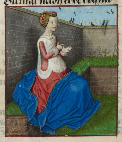 (Detail) Seated woman in a walled garden, counting on her fingers, from 