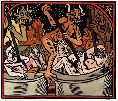 Devils cooking men in cauldrons in hell by Unknown artist