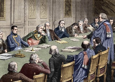Discussion of the Civil Code at the Council of State (1800-1804), under the presidency of the first consul, Napoleon Bonaparte has his left Jean Jacques Regis de Cambaceres. Engraving of the 19th century. by Unknown artist