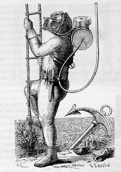 Diver coated with rubber clothing and regulator tank - in 