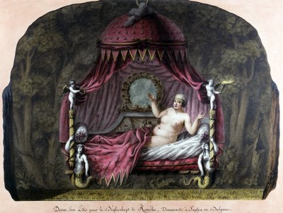 Drawing of a bed for the bey of Roumelie, residing in Sophia, Bulgaria. A naked woman invites her to join her. J. J. Lepreu. by Unknown artist