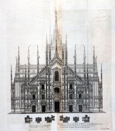 Drawing of the facade of the Duomo of Milan showing its uniformity with the body of the building. Many architectural projects were designed around the 17th century to complete the facade that had remained unfinished. by Unknown artist