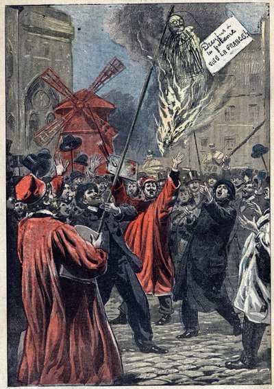 Dreyfus case - Paris - 1898: antisemitic manifestation in Montmartre. An effigy of Martin Dreyfus, Alfred