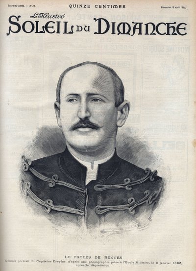 Dreyfus case: portrait of Alfred Dreyfus after his degradation during the Rennes trial. Engraving in Le sun-du-dimanche, August 13 by Unknown artist