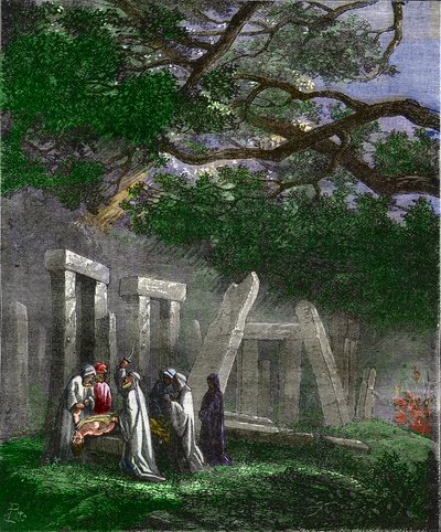 Druids practicing a human sacrifice at Stonehenge stopped by Roman soldiers - Colouring engraving of the 19th century by Unknown artist