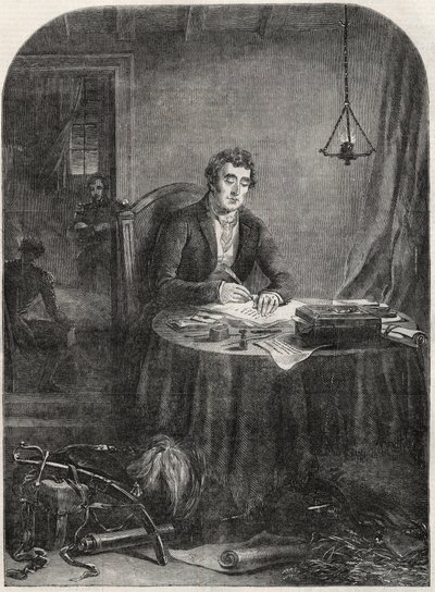 Duke of Wellington writing dispatch after Waterloo, June 19 1815 (engraving 1852) by Unknown artist
