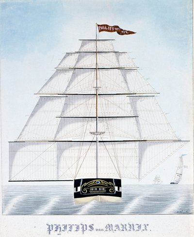 Dutch clipper Philip van Marnix equips additional sails. Illustration by W. Naujoks (19th century) by Unknown artist