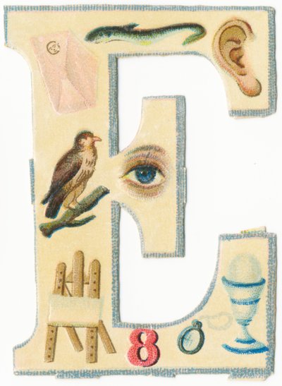 Envelope, eel, ear, eagle, eye, easel, eight, eyeglass, egg by Unknown artist