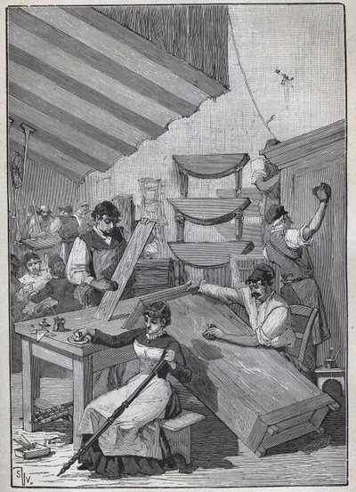 Ebenisterie: stamp varnishing workshop. Engraving from 1885 in 