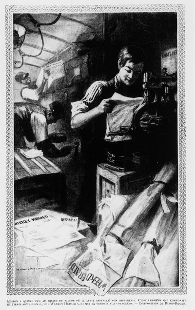 Edison, at 15, in the Middle of the Car Where He Used to Install His Printing Shop. He Wrote and Printed His Newspaper, the Weekly Herald, and Sold It to Travellers by Unknown artist