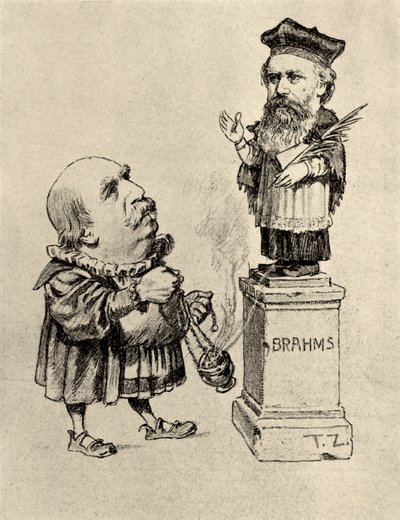 Eduard Hanslick worshipping Brahms on a pedestal by Unknown artist