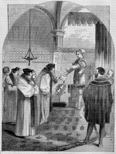 Edward VI, King of England, presenting the certificate of Joan Bocher to Archbishop Cranmer by Unknown artist
