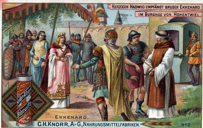 Ekkehard IV of St. Gallen or Eckhard, Eckhart erudit, and Latin poet. Duchess Hadwig receives Brother Ekkehard in the courtyard of the castle of Hohentwiel. Verso: Brother Ekkehard, whom the Duchess commissioned to her castle as by Unknown artist