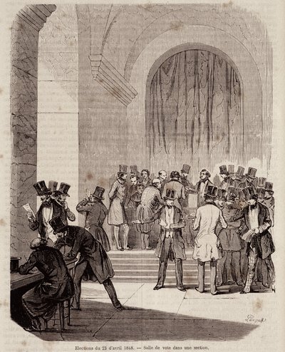 Elections of 23 April 1848: voting room in a section - in “Contemporary popular history” by Unknown artist