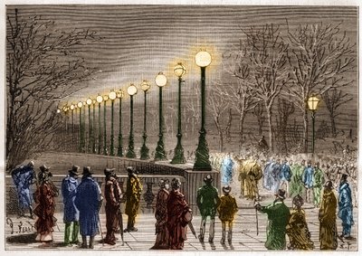 Electric lighting: floor lamps from Victoria quay in London, Great Britain. Engraving in 