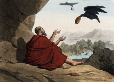 Elijah, hidden by the stream of Kerith, is fed by the crows (Anonymous engraving from the middle of the 19th century) by Unknown artist