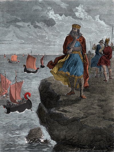 Emperor Charlemagne watching the arrival of Norman ships - King Charlemagne, King of the Franks, looks down onto vessels filled with invading Norsemen by Unknown artist