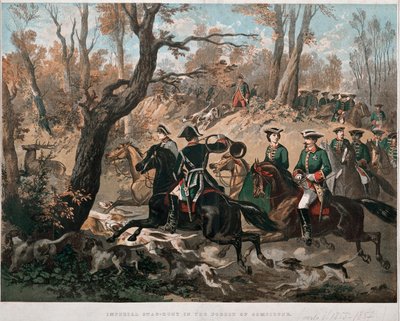 Emperor Napoleon III and his wife Eugenia de Montijo walking through the forest of Compiegne. Lithography in color around 1855. Milan Museo del Risorgimento by Unknown artist