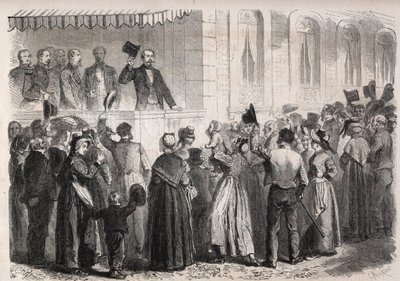 Emperor Napoleon III on the terrace of the villa of Strauss in Vichy, greeted by the people of the countryside on Sunday 7 July 1861 - Engraving in 
