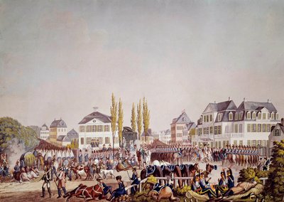 Emperor Napoleon I (1769-1821) reviews the troops in Frankfurt. Engraving from 1813. Frankfurt, Historical Museum by Unknown artist