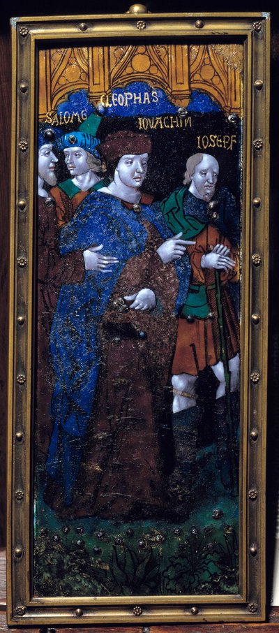 Enamel plate representing the biblical characters of Salome, Cleophas, Joachim and Joseph. Email on bronze probably from the 16th century by Unknown artist