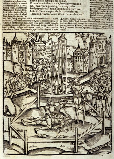 Aeneid by Virgil (70 BC-19 BC), Book XII, the Trojan hero Aeneas kills Turnus in battle under the eyes of the Latins and Rutulians. Xylography by Sebastian Brant (1458-1521). by Unknown artist